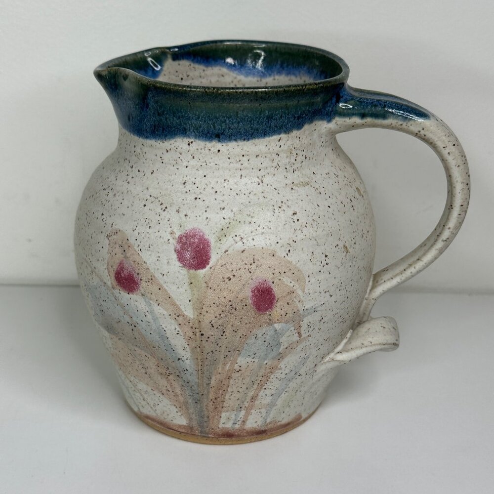 Russell Wood Speckled Ceramic Pitcher With Hand-Painted Floral Design & Blue Rim
